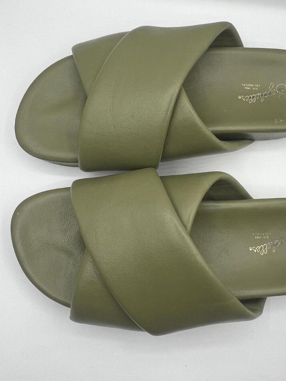 Seychelles Heartfelt Olive Green Leather Slide Sandal Size 9